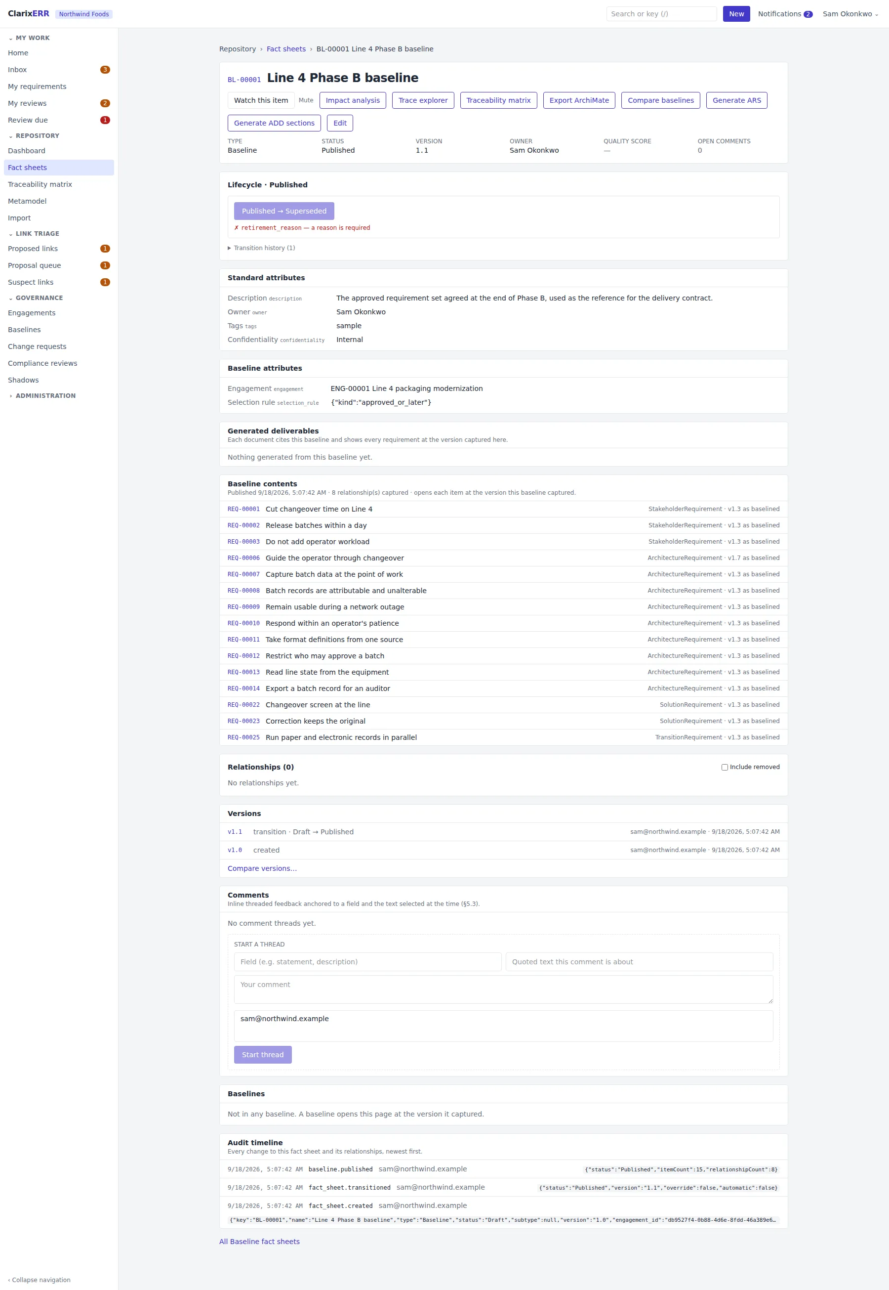 A published baseline, listing every requirement it captured and the version each was at.